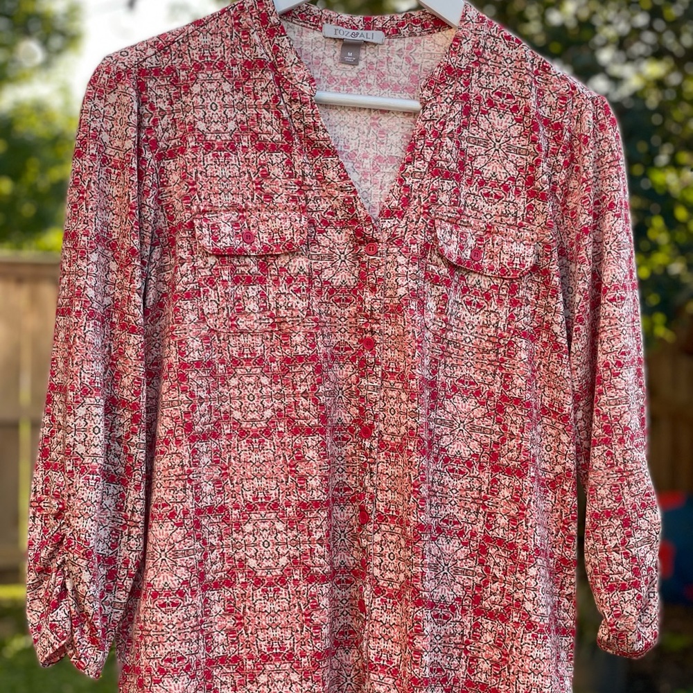 ROZ AND ALI BOHEMIAN BLOUSE SZ M   3/4 SLEEVE